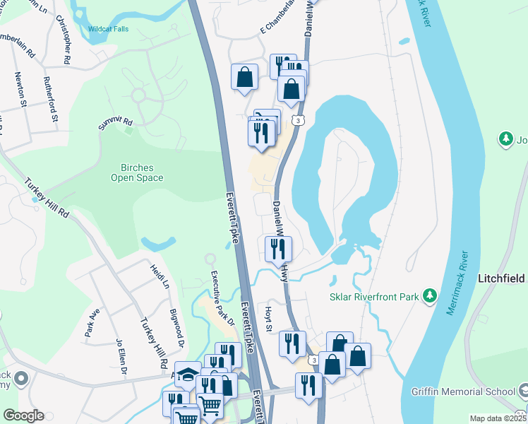 map of restaurants, bars, coffee shops, grocery stores, and more near 22 East Ridge Road in Merrimack