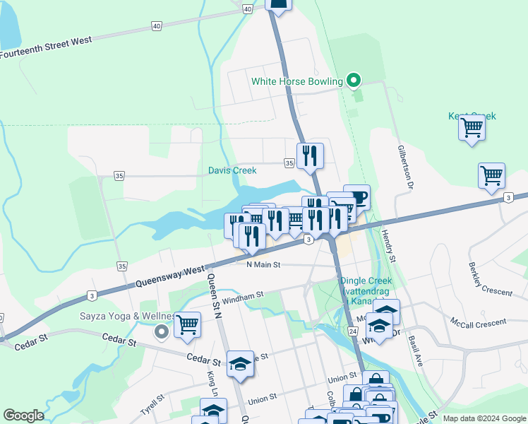 map of restaurants, bars, coffee shops, grocery stores, and more near 5 Mill Pond Court in Simcoe