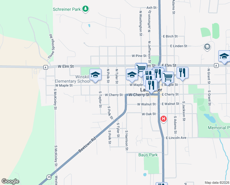 map of restaurants, bars, coffee shops, grocery stores, and more near 131 South Tyler Street in Lancaster