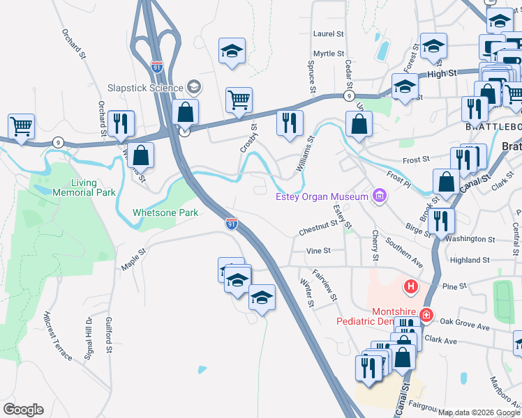 map of restaurants, bars, coffee shops, grocery stores, and more near 71 Whetstone Drive in Brattleboro