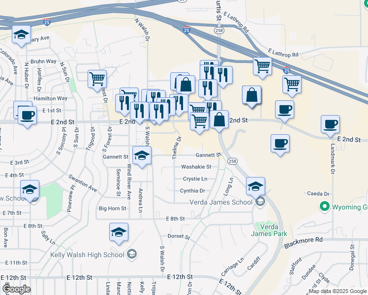 map of restaurants, bars, coffee shops, grocery stores, and more near 455 Thelma Drive in Casper