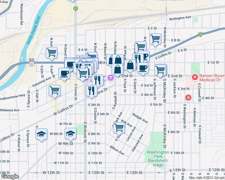 map of restaurants, bars, coffee shops, grocery stores, and more near 332 South Kimball Street in Casper