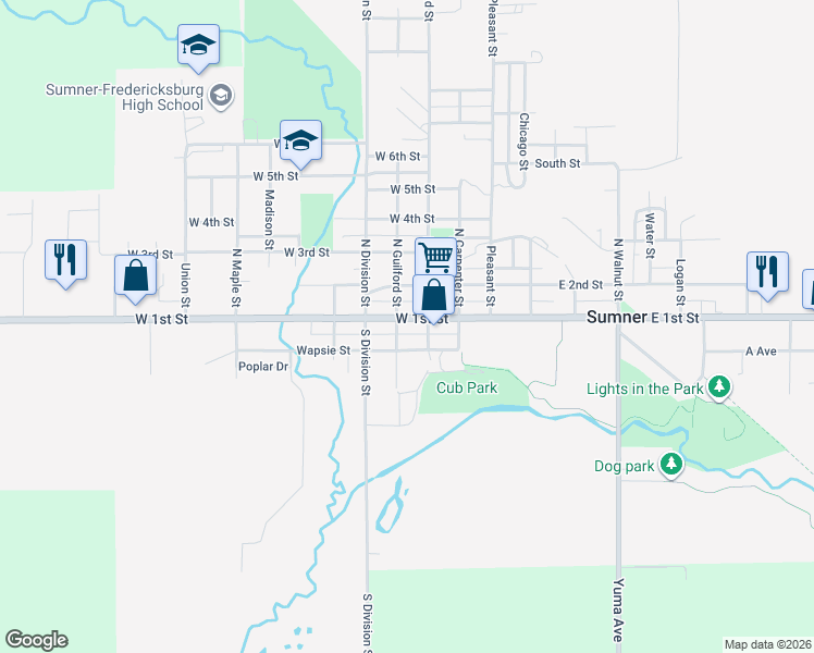 map of restaurants, bars, coffee shops, grocery stores, and more near 211 West 1st Street in Sumner