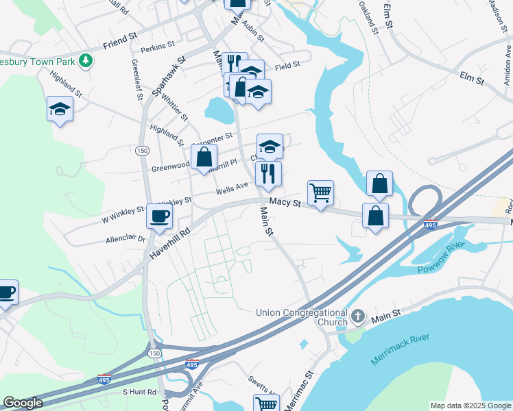 map of restaurants, bars, coffee shops, grocery stores, and more near in Amesbury