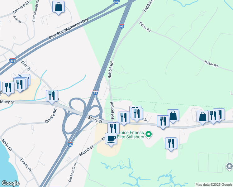 map of restaurants, bars, coffee shops, grocery stores, and more near 12 Rabbit Rd in Salisbury