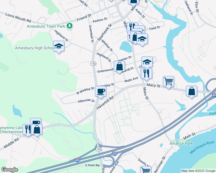 map of restaurants, bars, coffee shops, grocery stores, and more near 4 Winkley Street in Amesbury