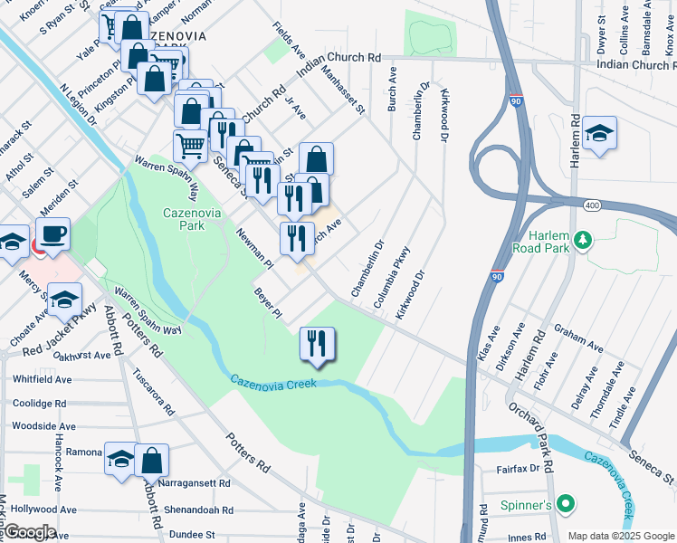 map of restaurants, bars, coffee shops, grocery stores, and more near 89 Wildwood Place in Buffalo