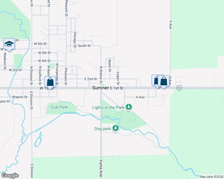 map of restaurants, bars, coffee shops, grocery stores, and more near 526-530 East 1st Street in Sumner