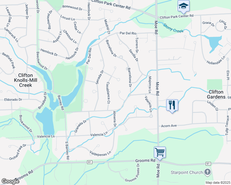 map of restaurants, bars, coffee shops, grocery stores, and more near 6 Cordoba Court in Clifton Knolls-Mill Creek