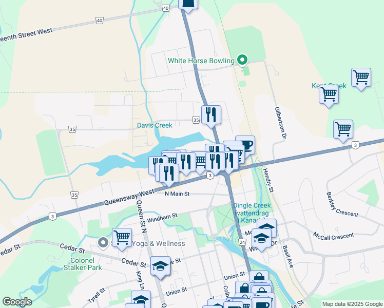map of restaurants, bars, coffee shops, grocery stores, and more near 44 Riverside Road in Simcoe