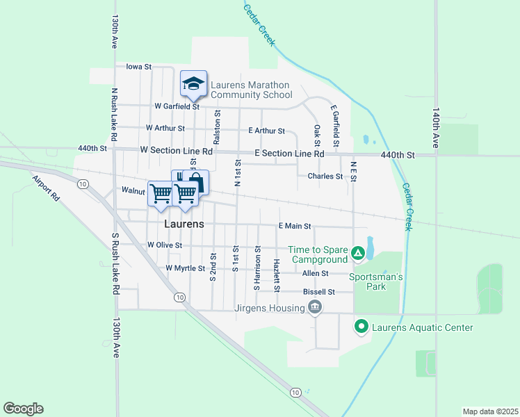 map of restaurants, bars, coffee shops, grocery stores, and more near Harrison Street in Laurens