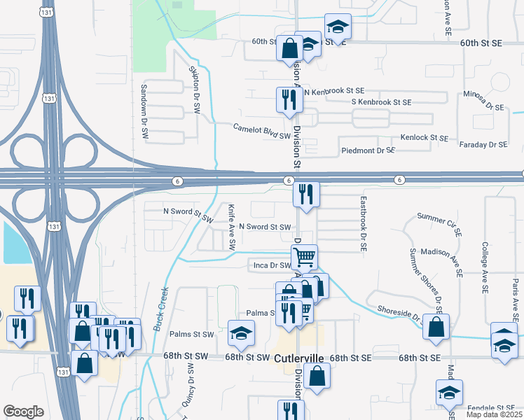 map of restaurants, bars, coffee shops, grocery stores, and more near 68 Carriage Lane Southwest in Grand Rapids