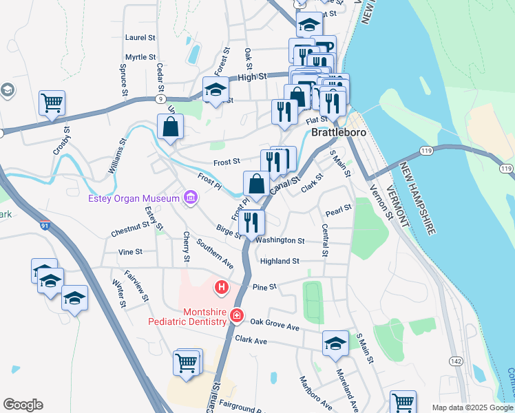 map of restaurants, bars, coffee shops, grocery stores, and more near 165 Canal Street in Brattleboro