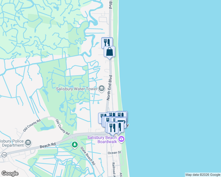 map of restaurants, bars, coffee shops, grocery stores, and more near 112 North End Boulevard in Salisbury