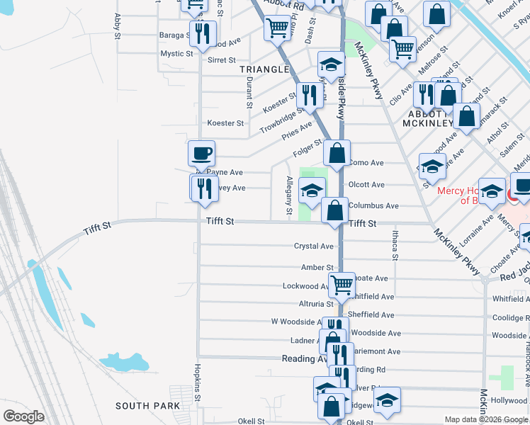 map of restaurants, bars, coffee shops, grocery stores, and more near 19 Folger Street in Buffalo
