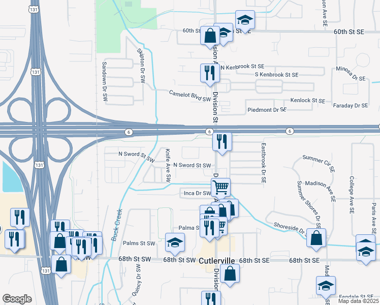 map of restaurants, bars, coffee shops, grocery stores, and more near 68 Carriage Lane Southwest in Grand Rapids