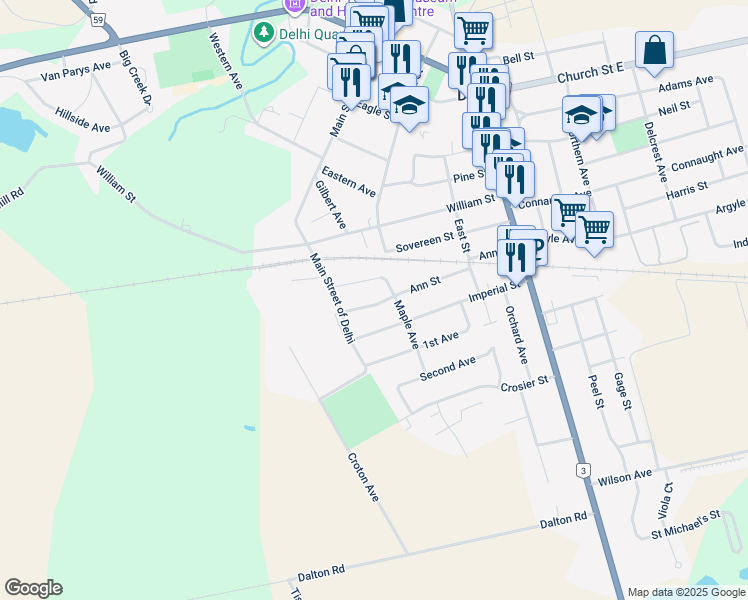map of restaurants, bars, coffee shops, grocery stores, and more near 171 Ann Street in Delhi
