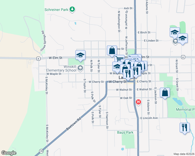 map of restaurants, bars, coffee shops, grocery stores, and more near 131 South Tyler Street in Lancaster