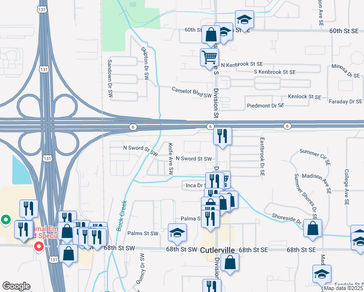 map of restaurants, bars, coffee shops, grocery stores, and more near 68 Carriage Lane Southwest in Grand Rapids
