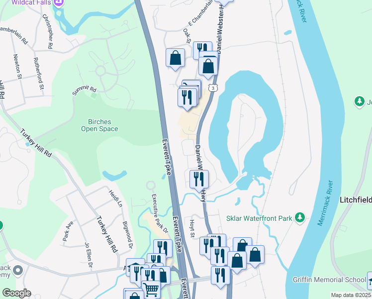 map of restaurants, bars, coffee shops, grocery stores, and more near 22 East Ridge Road in Merrimack