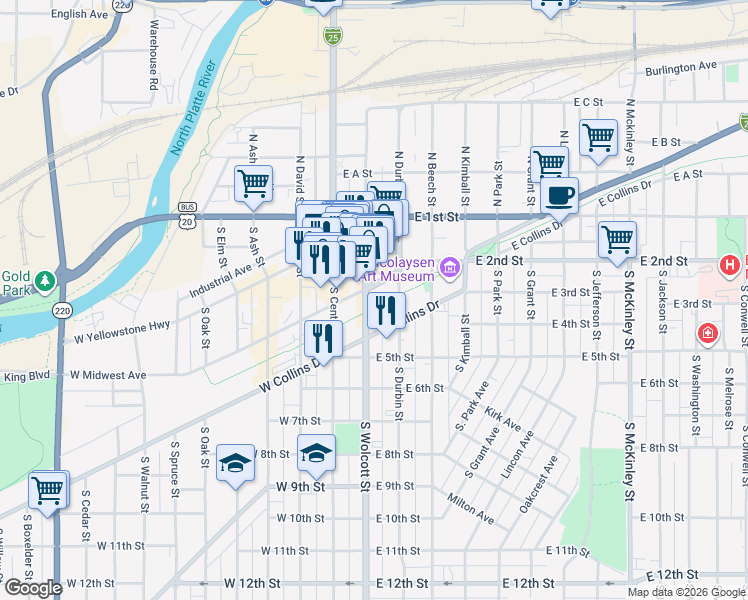 map of restaurants, bars, coffee shops, grocery stores, and more near 303 South Wolcott Street in Casper