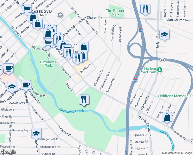 map of restaurants, bars, coffee shops, grocery stores, and more near 50 Chamberlin Drive in West Seneca
