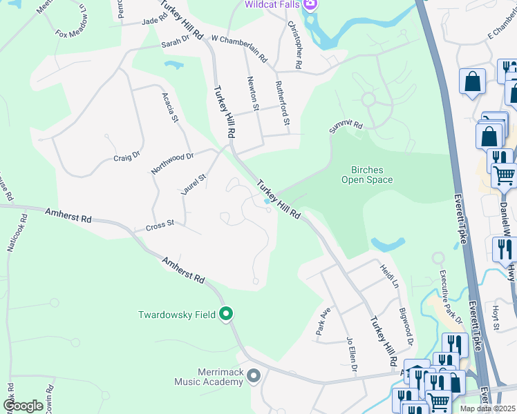 map of restaurants, bars, coffee shops, grocery stores, and more near 17 Sycamore Lane in Merrimack