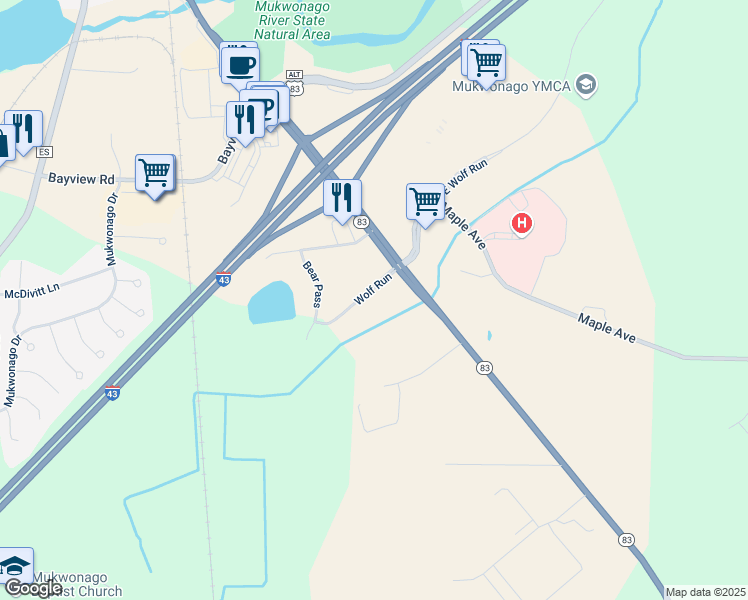 map of restaurants, bars, coffee shops, grocery stores, and more near 123 Wolf Run in Mukwonago