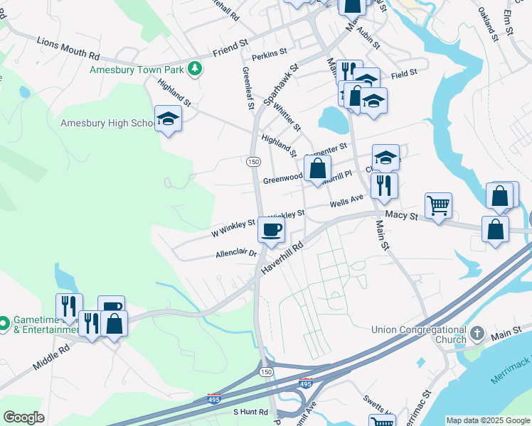 map of restaurants, bars, coffee shops, grocery stores, and more near 7 Winkley Street in Amesbury