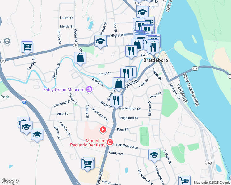 map of restaurants, bars, coffee shops, grocery stores, and more near 165 Canal Street in Brattleboro