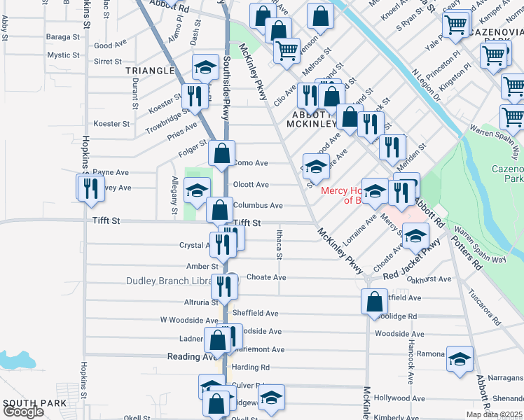 map of restaurants, bars, coffee shops, grocery stores, and more near 43 Columbus Avenue in Buffalo