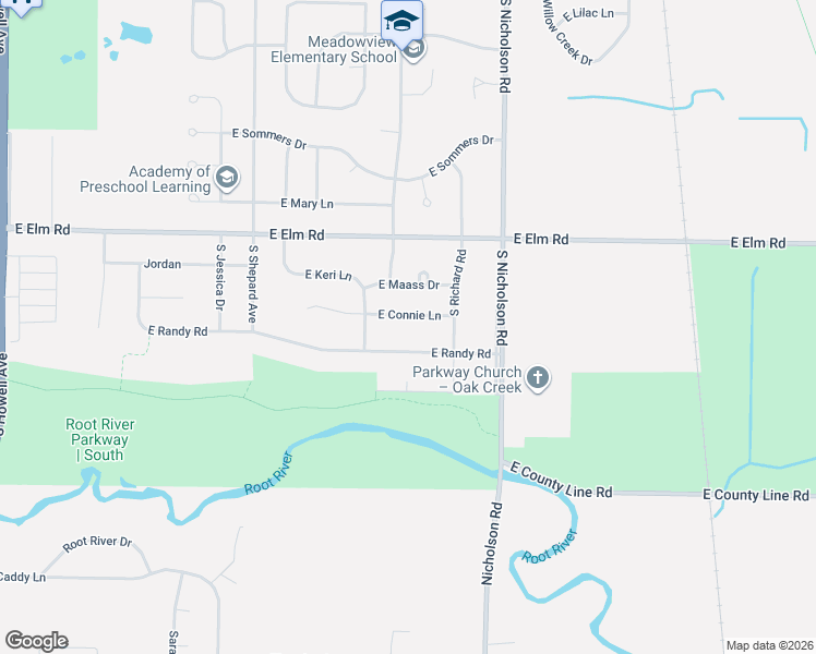 map of restaurants, bars, coffee shops, grocery stores, and more near 1311 East Connie Lane in Oak Creek