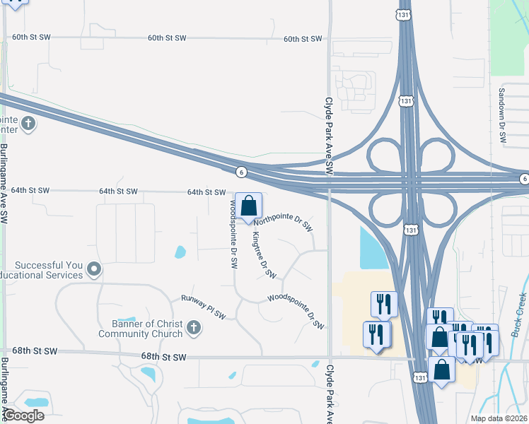 map of restaurants, bars, coffee shops, grocery stores, and more near 961 Northpointe Drive Southwest in Byron Center