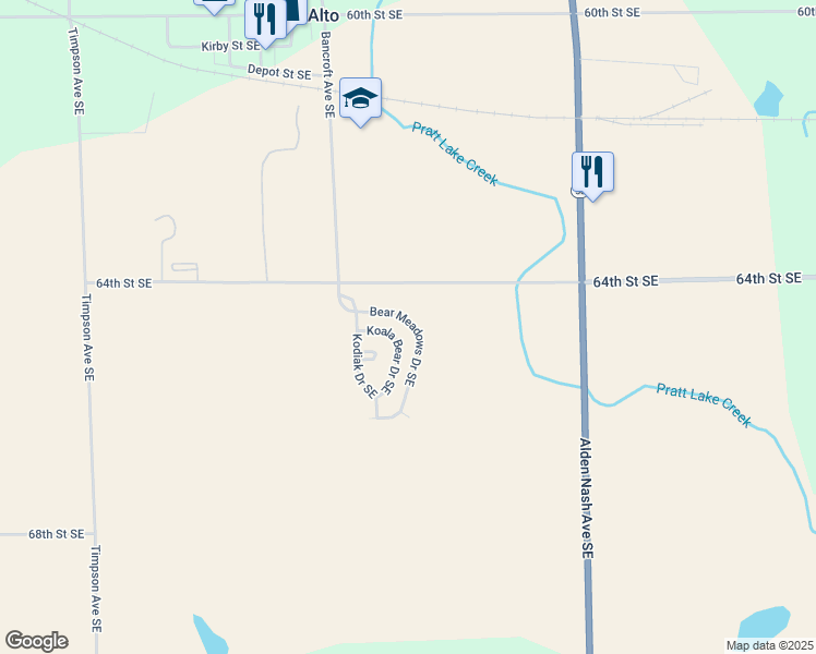 map of restaurants, bars, coffee shops, grocery stores, and more near 11640 Bear Meadows Drive Southeast in Alto