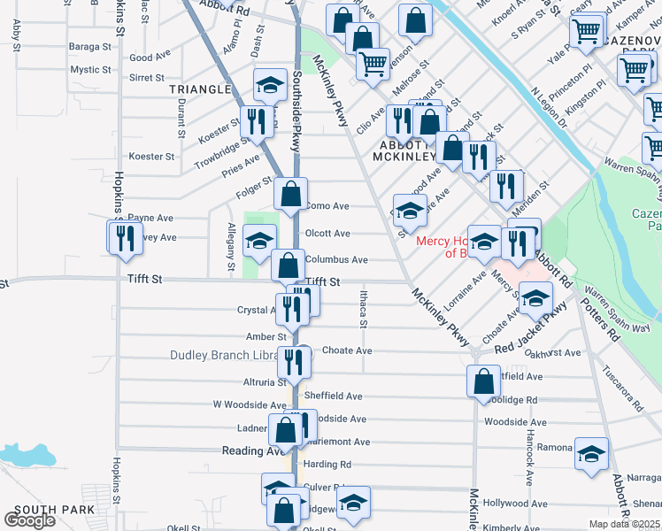 map of restaurants, bars, coffee shops, grocery stores, and more near 43 Columbus Ave in Buffalo