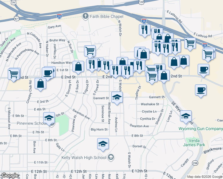 map of restaurants, bars, coffee shops, grocery stores, and more near 3600 Medicine Bow Street in Casper