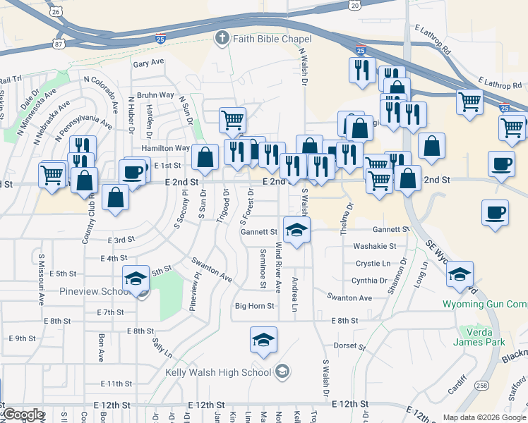 map of restaurants, bars, coffee shops, grocery stores, and more near 3530 Medicine Bow Street in Casper