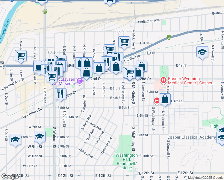 map of restaurants, bars, coffee shops, grocery stores, and more near 302 South Lincoln Street in Casper