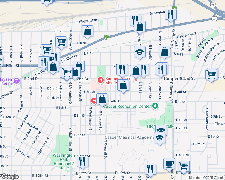 map of restaurants, bars, coffee shops, grocery stores, and more near 263 South Wilson Street in Casper