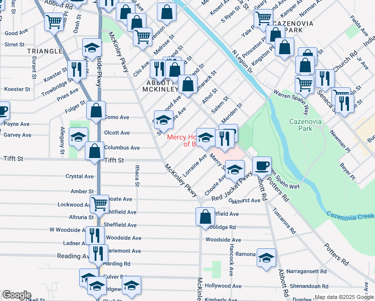 map of restaurants, bars, coffee shops, grocery stores, and more near 52 Alsace Avenue in Buffalo