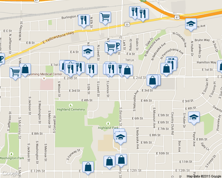 map of restaurants, bars, coffee shops, grocery stores, and more near 261 South Lennox Street in Casper