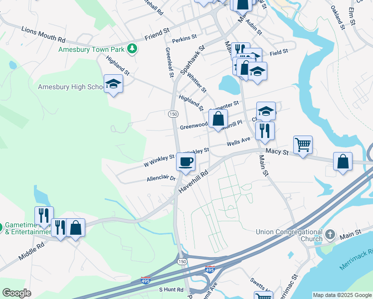map of restaurants, bars, coffee shops, grocery stores, and more near 7 Winkley Street in Amesbury