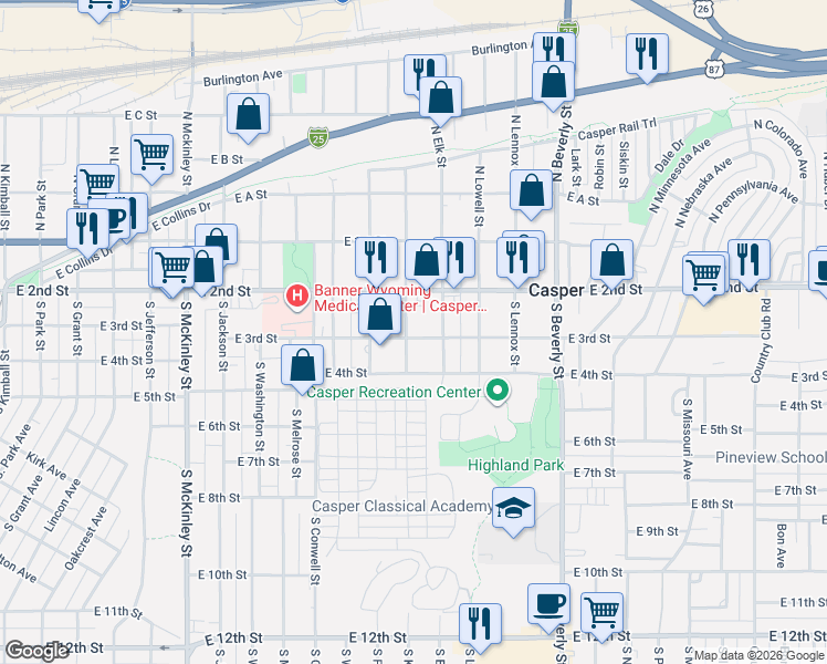 map of restaurants, bars, coffee shops, grocery stores, and more near 263 South Kenwood Street in Casper