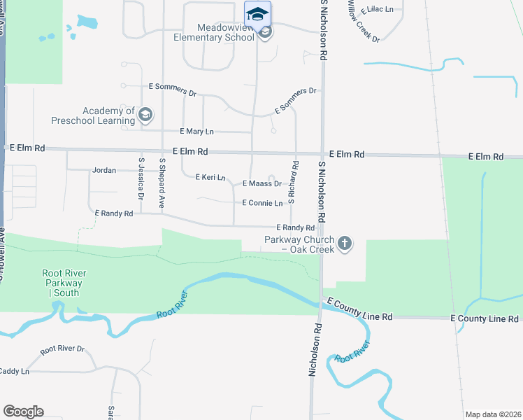 map of restaurants, bars, coffee shops, grocery stores, and more near 1311 East Connie Lane in Oak Creek