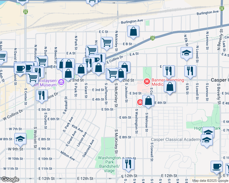 map of restaurants, bars, coffee shops, grocery stores, and more near 304 South McKinley Street in Casper