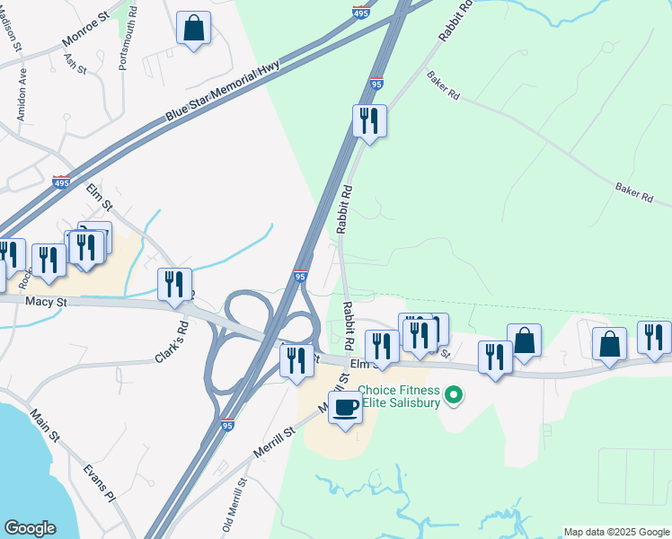 map of restaurants, bars, coffee shops, grocery stores, and more near 12 Rabbit Road in Salisbury