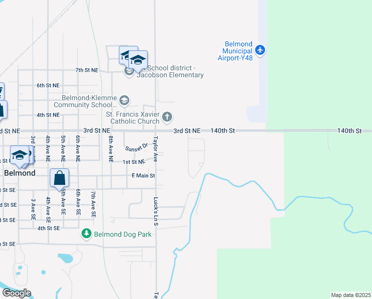map of restaurants, bars, coffee shops, grocery stores, and more near 207-299 Country Club Drive in Belmond
