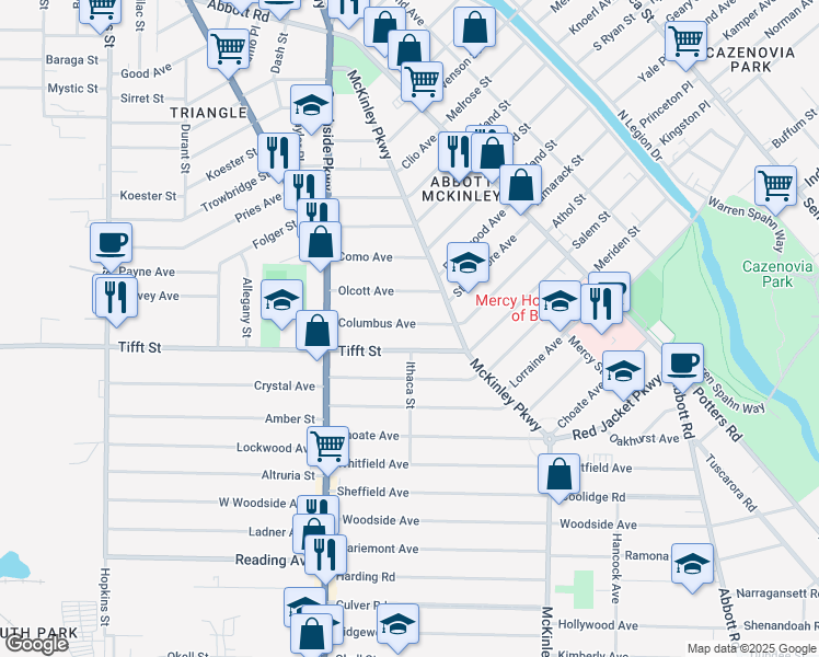 map of restaurants, bars, coffee shops, grocery stores, and more near 85 Columbus Avenue in Buffalo