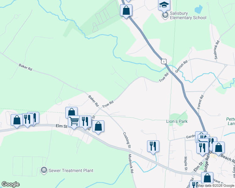 map of restaurants, bars, coffee shops, grocery stores, and more near 42 True Road in Salisbury