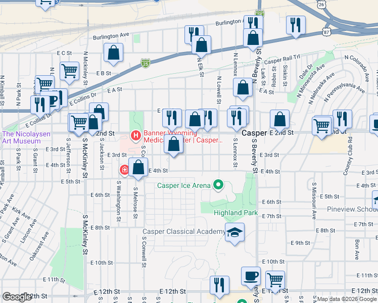 map of restaurants, bars, coffee shops, grocery stores, and more near 263 South Kenwood Street in Casper